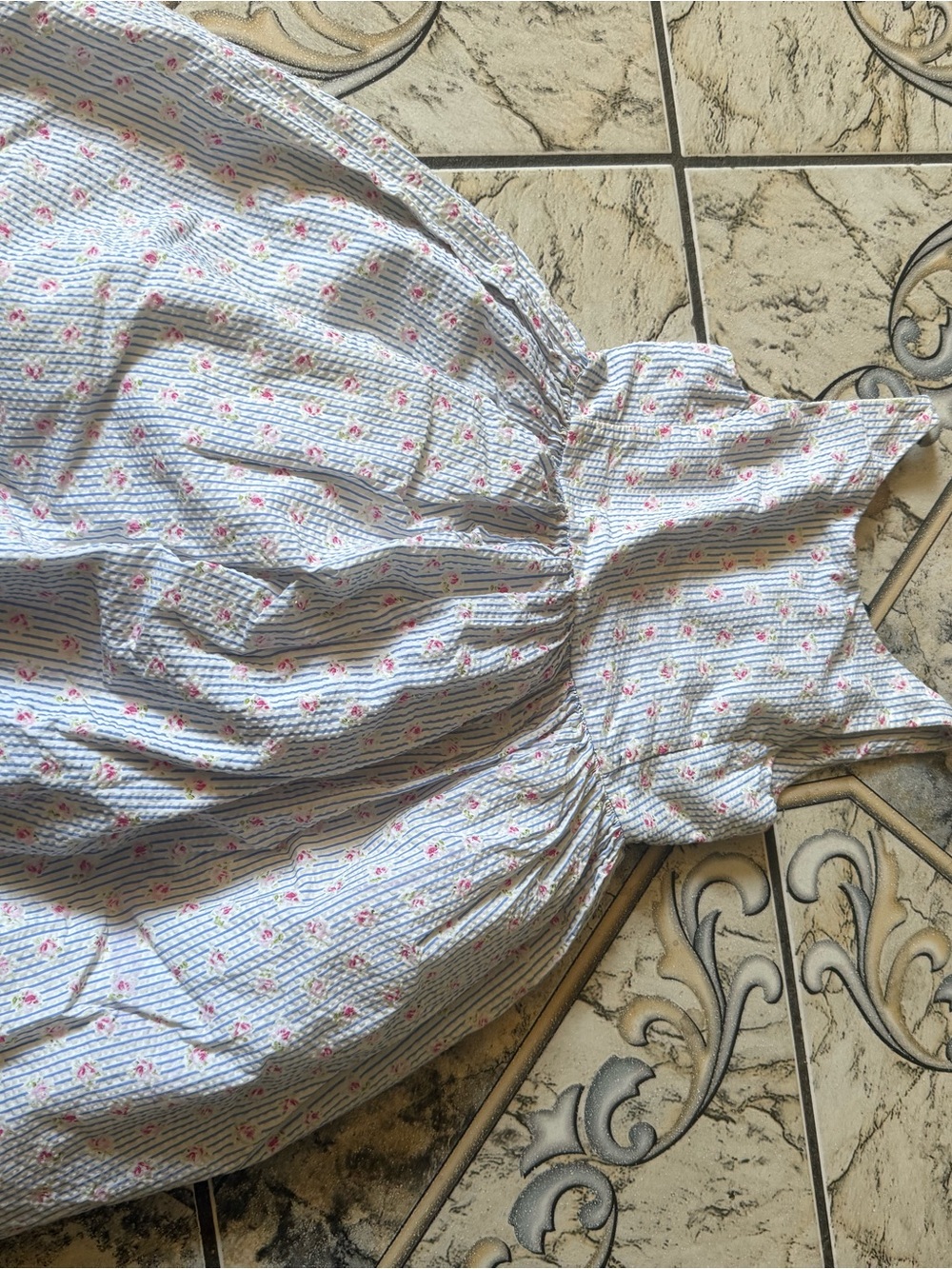 Polo by Ralph Lauren Blue-Striped White Dress with Pink Floral Print